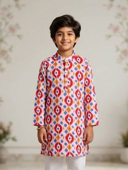 KiddoPanti - Boys Rayon Buti Printed White Kurta