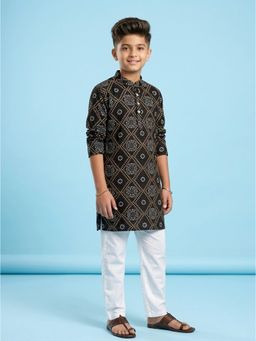 KiddoPanti - Boys Cotton Bandhani Printed Black Long Kurta with Pyjama