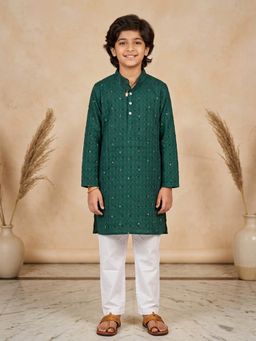 KiddoPanti - Boys Green Cotton Sequined Long Kurta with Pyjama