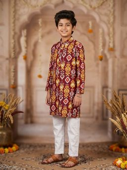 KiddoPanti - Boys Maroon Cotton Ikat Printed Long Kurta with Pyjama