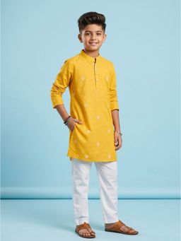 KiddoPanti - Boys Mustard Rayon Buti Printed Rayon Kurta with Pyjama