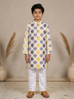 KiddoPanti - Boys White Cotton Ikat Printed Long Kurta and Pyjama