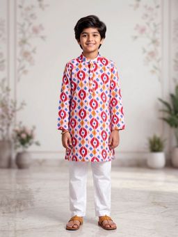 KiddoPanti - Boys White Rayon Ikat Printed Long Kurta with Pyjama