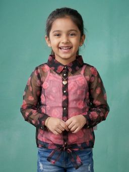 KiddoPanti - Girls Black Floral Cotton Sleeveless Inner Slip with Top