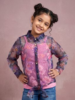 KiddoPanti - Girls Navy Blue Floral Cotton Sleeveless Inner Slip with Top