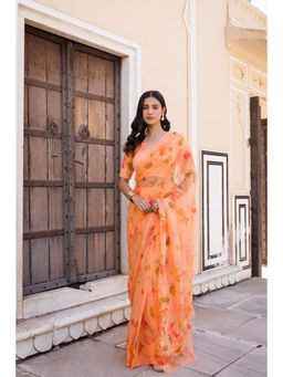 Geroo Luxe - Orange Hand Painted Pre Drape Saree with Unstitched Blouse