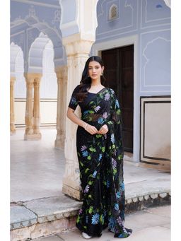 Geroo Luxe - Black Hand Painted Mukaish Pre Drape Saree with Unstitched Blouse