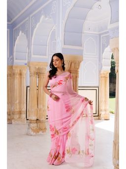 Geroo Luxe - Pink Hand Painted Pre Drape Saree with Unstitched Blouse