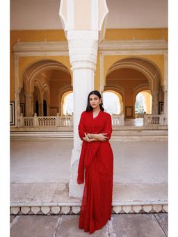 Geroo Luxe - Red Hand Embroidered Mukaish Pre Drape Saree with Unstitched Blouse