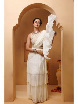 Geroo Luxe - Off White Ruffled Chiffon Pre Drape Saree with Belt & Stitched Blouse