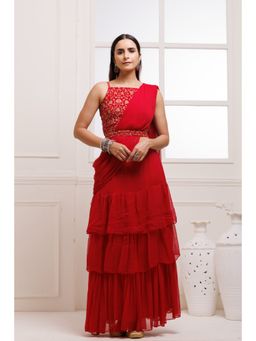 Geroo Luxe - Red Ruffled Chiffon Pre Drape Saree with Belt & Stitched Blouse