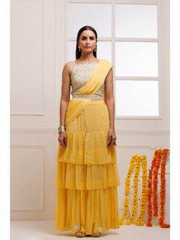 Geroo Luxe - Yellow Ruffled Chiffon Pre Drape Saree with Belt & Stitched Blouse