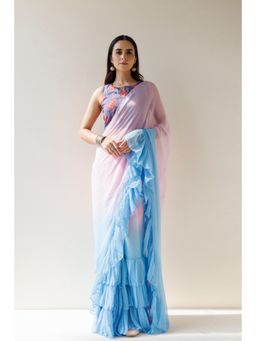 Geroo Luxe - Ruffled Ombre Pre Drape Saree with Unstitched Blouse
