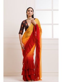 Geroo Luxe - Ruffled Ombre Chiffon Pre Drape Saree with Unstitched Blouse