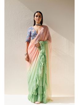 Geroo Luxe - Ruffled Ombre Pre Drape Saree with Unstitched Blouse