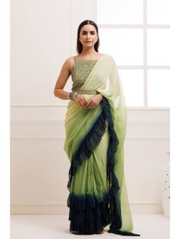 Geroo Luxe - Green Shaded Ombre Ruffled Pre Drape Saree with Belt & Stitched Blouse