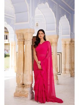 Geroo Luxe - Pink Chiffon Ruffle Pre Drape Saree with Unstitched Blouse