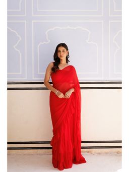 Geroo Luxe - Red Chiffon Ruffle Pre Drape Saree with Unstitched Blouse