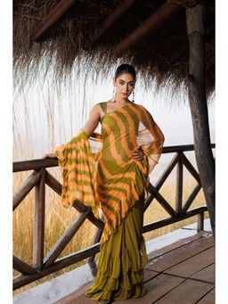 Geroo Luxe - Leheriya Chiffon Pre Drape Saree with Unstitched Blouse