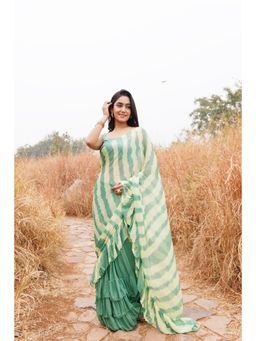 Geroo Luxe - Leheriya Chiffon Ruffle Pre Drape Saree with Unstitched Blouse