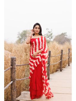 Geroo Luxe - Red Leheriya Chiffon Ruffle Pre Drape Saree with Unstitched Blouse