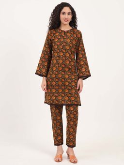 Divena - Brown Floral Print Cotton Fabric Straight Co-Ord (Set of 2)