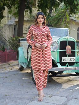 Divena - Red Ethnic Printed Cotton Fabric Shirt Kurta with Salwar (Set of 2)