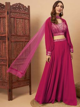 Chhabra 555 - Rani Pink Embellished Crop Top Palazzo with Cape Sleeves and Dupatta (Set of 4)