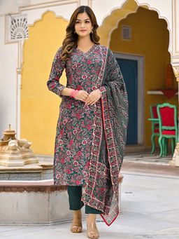 Vaamsi - Green Floral Printed Straight Kurta with Pant and Dupatta (Set of 3)