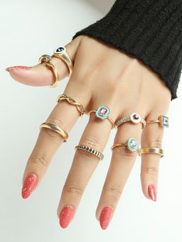 Lilly & Sparkle - Set of 10 Gold-Plated Stone-Studded Finger Rings