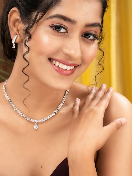 Saraf RS Jewellery White Rhodium Plated AD Embellished Zig Zag Minimal Necklace Jewellery Set