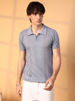 Campus Sutra - Men Coin Grey Block Textured Polo T-Shirt