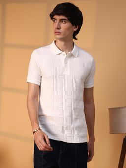 Campus Sutra - Men Chalk White Intertwine Textured Polo T-Shirt
