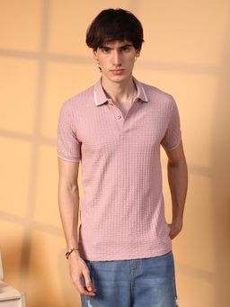 Campus Sutra - Men Blush Pink Interweave Textured Polo T-Shirt