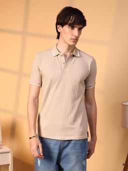 Campus Sutra - Men Saltbox Beige Interweave Textured Polo T-Shirt