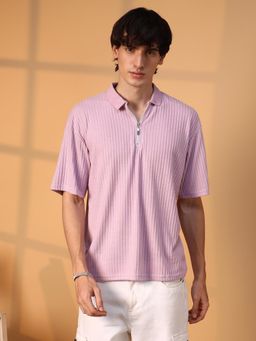 Campus Sutra - Men Lavender Ribbed Oversized Polo T-Shirt