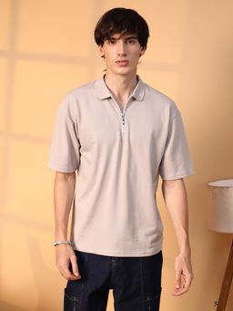 Campus Sutra - Men Saltbox Beige Solid Oversized Polo T-Shirt