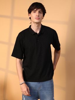 Campus Sutra - Men Onyx Black Striped Oversized Polo T-Shirt