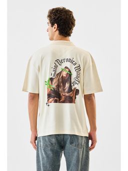 Snitch - Beige Graphic Half Sleeves Oversized Casual Polo T-shirt For Men