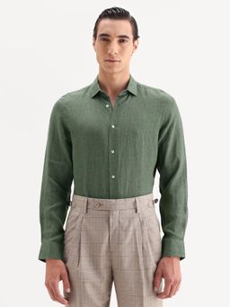 Rare Rabbit - Dark Green Linen Fabric Collar Regular Fit Plain Casual Shirt