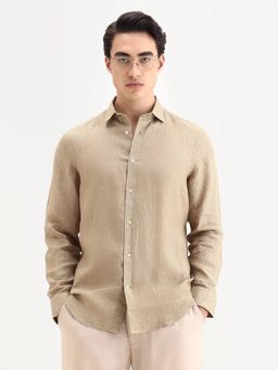 Rare Rabbit - Beige Linen Fabric Collar Regular Fit Plain Casual Shirt
