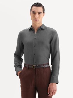 Rare Rabbit - Grey Linen Fabric Collar Regular Fit Plain Formal Shirt