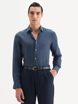 Rare Rabbit - Navy Blue Linen Fabric Collar Regular Fit Plain Formal Shirt