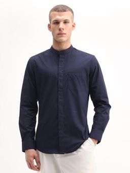 Rare Rabbit - Navy Blue Mandarin Collar Plain Casual Shirt