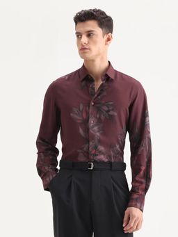 Rare Rabbit - Burgundy Regular Fit Floral Print Formal Shirt