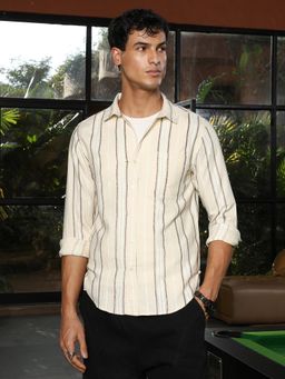 Campus Sutra - Men's Off-White Shadow-Stripe Jacquard Casual Shirt