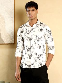 Campus Sutra - Men's Midnight White Faded-Leaf Imprint Satin Casual Shirt