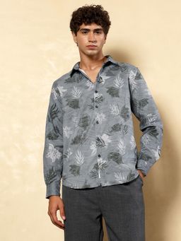 Campus Sutra - Men's Moon Grey Leaf-Imprint Foliage-Tactile Casual Shirt