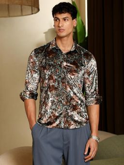 Campus Sutra - Multi-Colour Men's Botanical-Cluster Imprint Velvet Casual Shirt