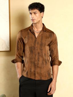Campus Sutra - Men's Chocolate Brown Gleaming-Grazed Satin Casual Shirt